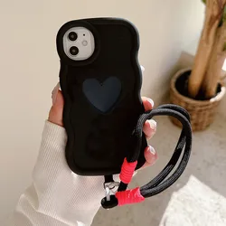 3D Love Heart Wavy Frame Lanyard Shockproof Phone Cover - Motorola Moto E15 (Black)