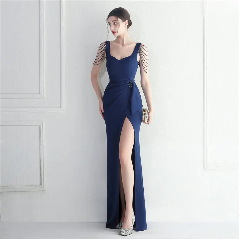 

2024 Blue Women Prom Satin Dresses Elegant Beaded Split Mermaid Car Model Bridesmaid Performance Long Gown Evening Party Dress