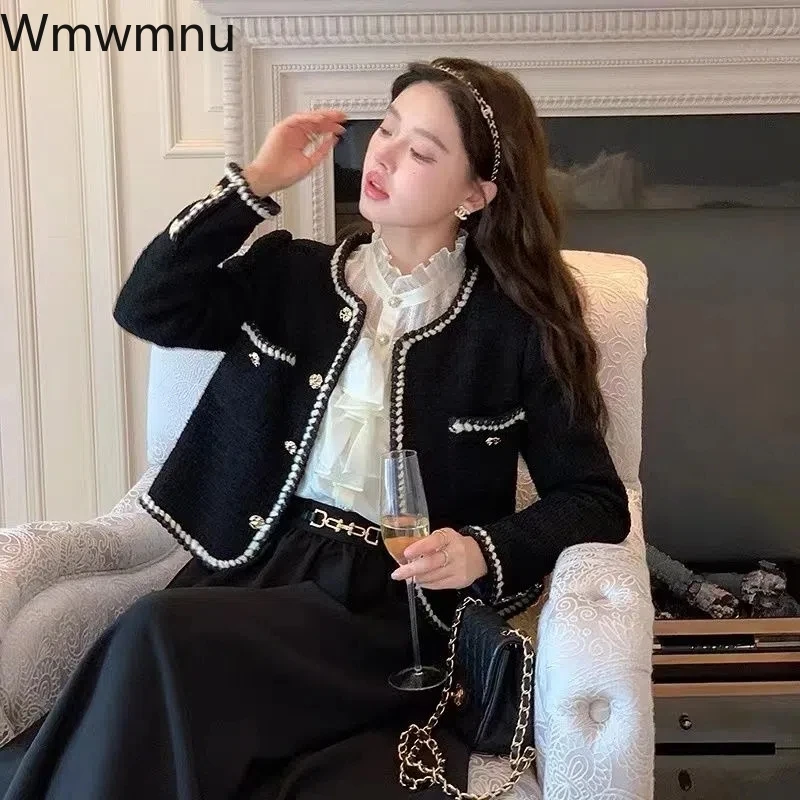 

Women Spring Korean Fashion Long Sleeve Woolen Coat Elegant Luxury Chaquetas 2023 Y2k Black Vintage Design Tweed Cropped Jacket