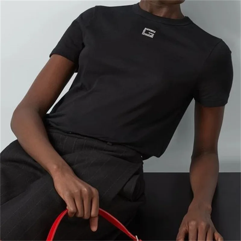 

T-shirt 2024 Summer New in Crystal Letter Hot Diamond Short sleeved Top Elastic knitted round neck pullover y2k Casual Knitwear