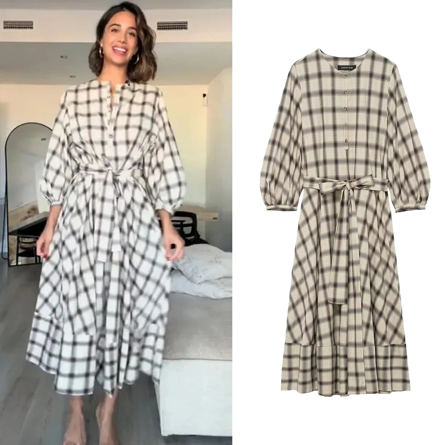 Women Plaid Lantern Sleeve Dress Female Casual Single Breasted Lace Up Long A-Line Dresses Lady Daily Commute Street Shirt-Dress