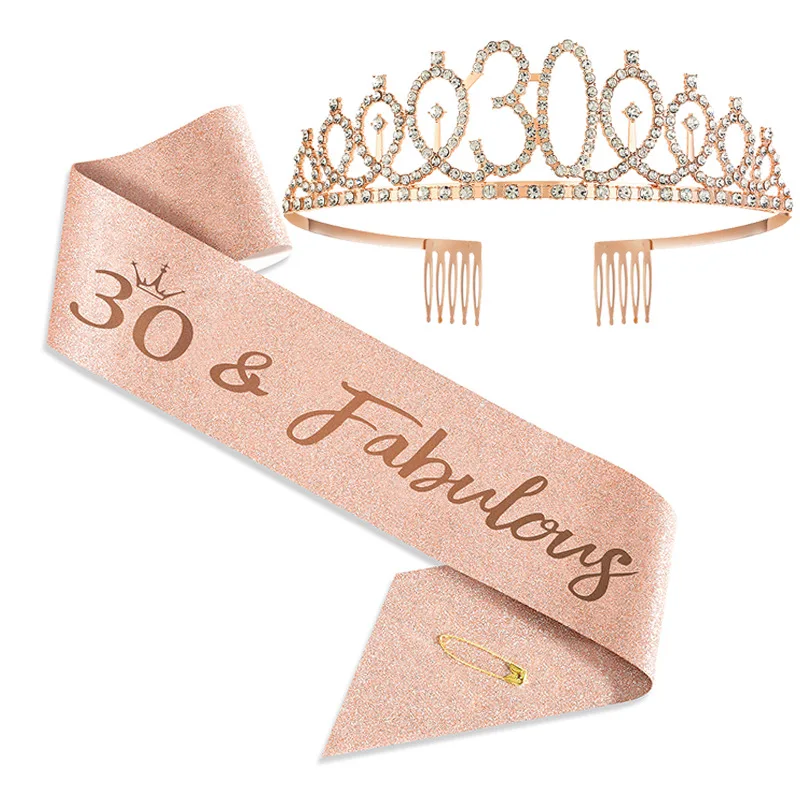 Hair Accessories Party Photo Props 2Pcs 18 30 40 50 60th Rose Gold Headband Shoulder Strap Set for Women's Happy Birthday Anniversary Celebration Party Decor