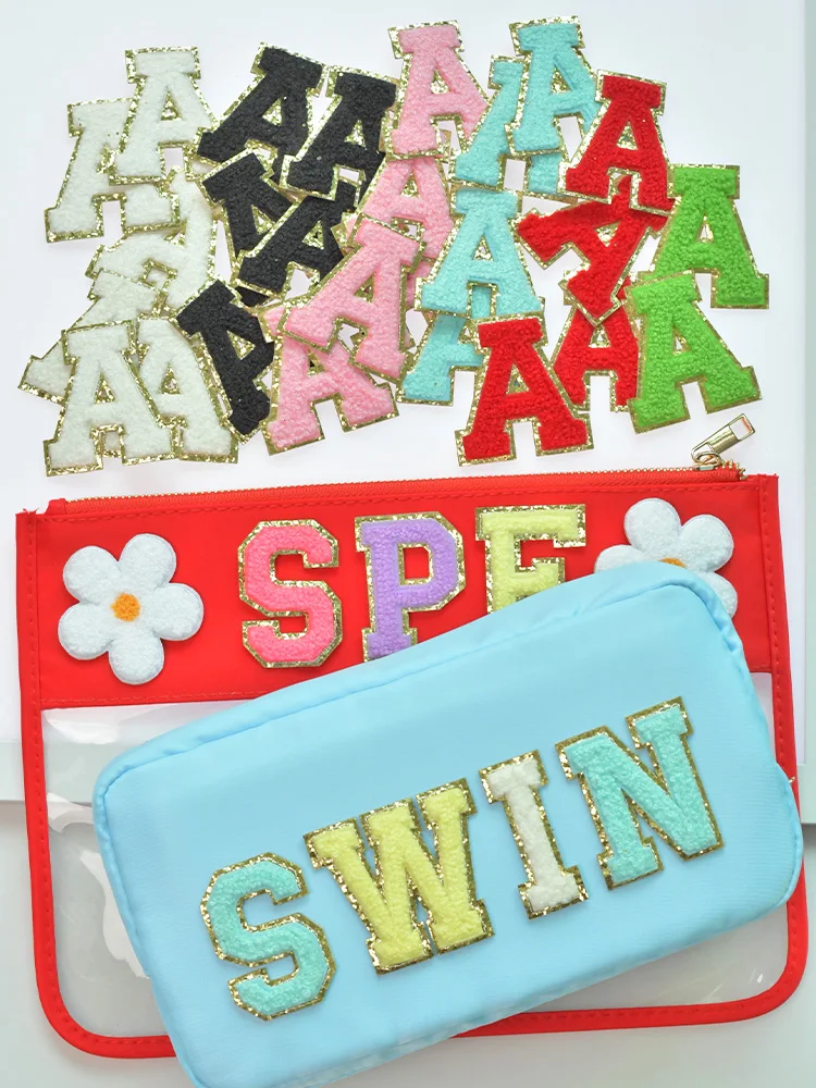 Autocollant brodé en chenille avec lettres, patch auto-adhésif, applique personnalisée, artisanat de sac de bricolage, 9 couleurs