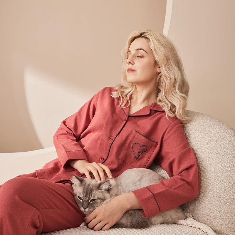 100%Cotton Pajama Set Men and Women's Pajamas Lovers Lapel Solid Color Cardigan New Product Nightwear Simple Solid Color