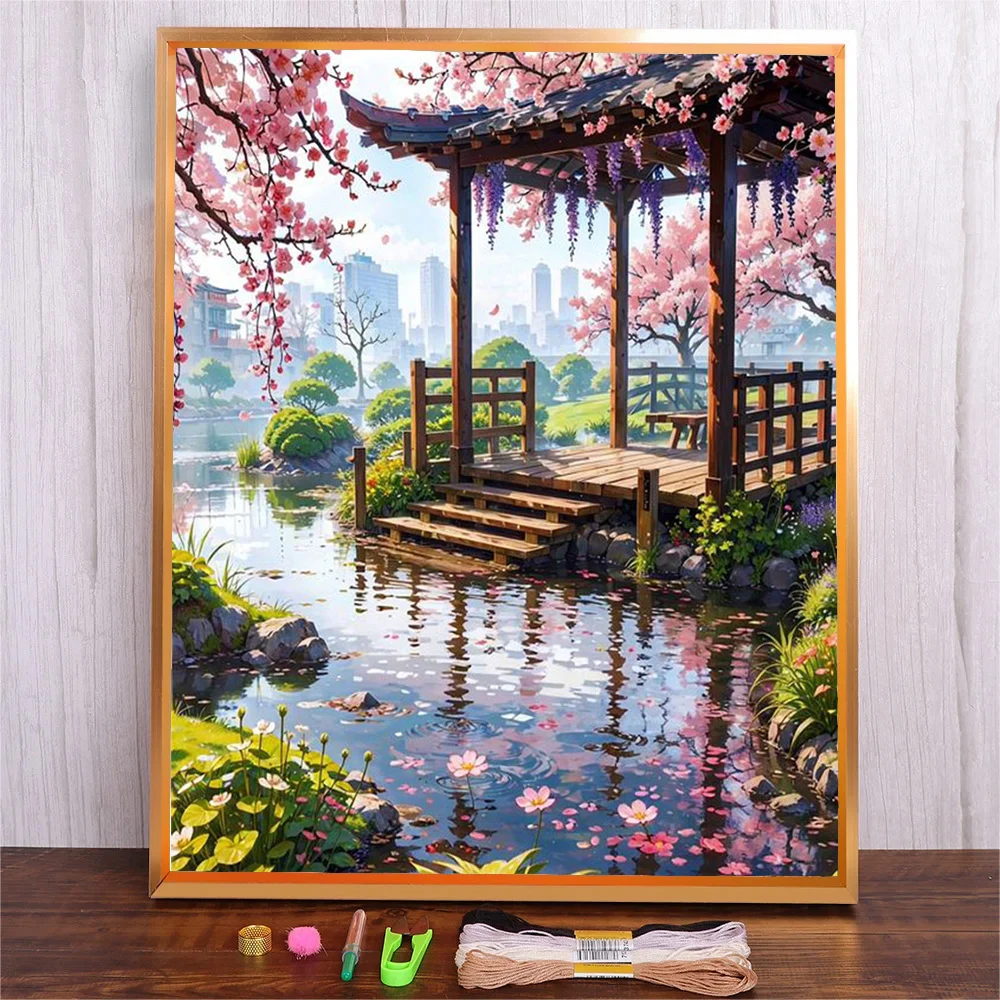 Cross Stitch Kit Water Pavilion Landscape Pattern Embroidery Home Decor 11CT Painting Printed Fabric Cotton Thread Sets cross stitch kit