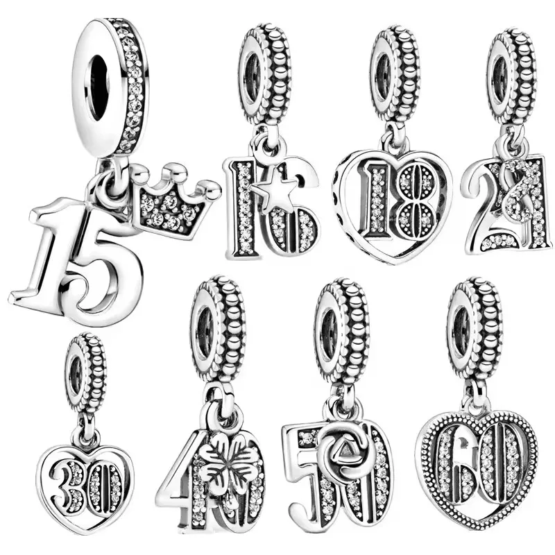 Fit Original Pantaro Silver 925 Bracelet Necklace 15th 16th 18th 21st 40th 50th 60th Birthday Dangle Charm Bead DIY Jewelry Gift