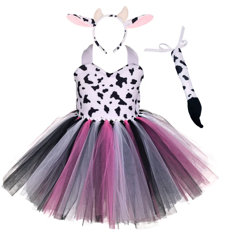 thumbnail image 1 of Disfraz de Halloween para niños, disfraz de animal, tema de bosque, jirafa, vaca, tigre, leopardo, estampado de cebra, vestido de tutú para fiesta de cumpleaños de niñas, 1 of 4