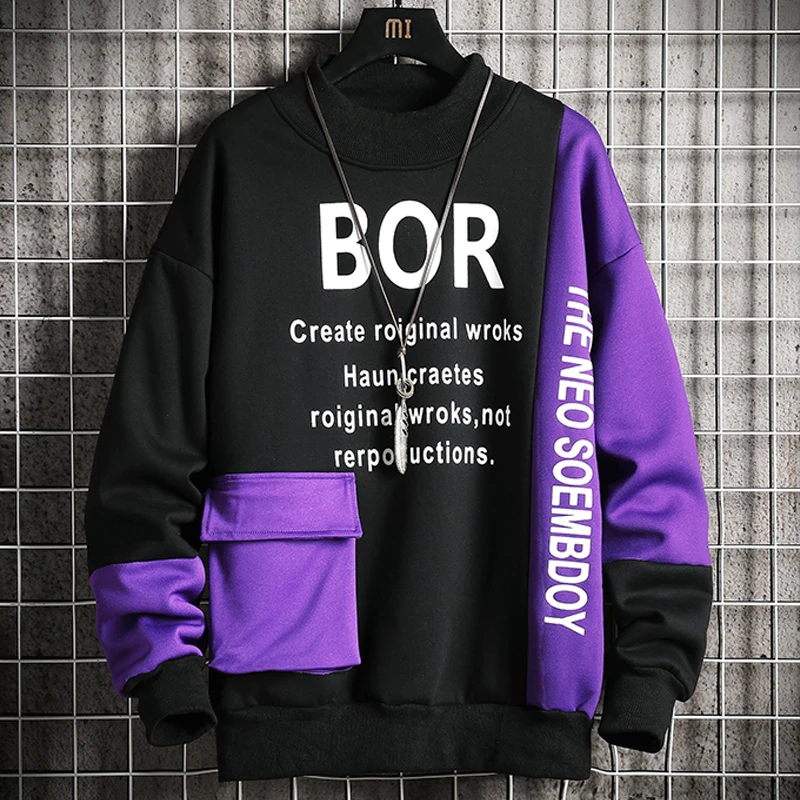 Letter Printed Sweatshirt Men 2023 New High Street Hoodie Mens Fashion  Patchwork Sweatshirts with Pocket Male O-Neck Casual Top - AliExpress