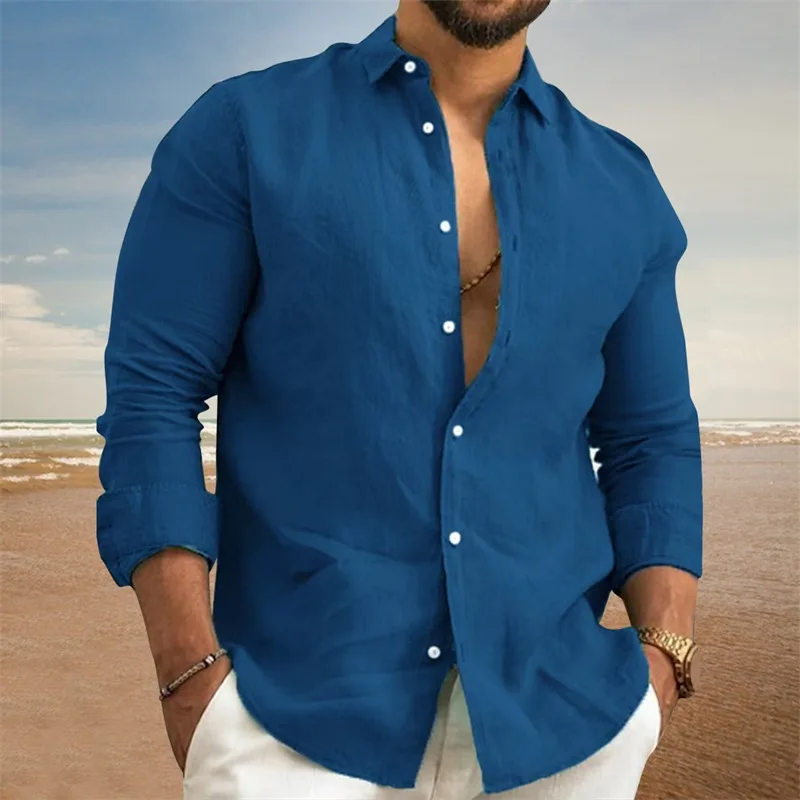 Hot sale 100%Cotton Linen NEW Men's Long-Sleeved Shirts Solid Color Turn-down Collar Casual Plus Size Spring Autumn Clothing