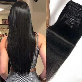 Clip ins Hair Extensions Straight Human Hair 100% Unprocessed Full Head Brazilian Virgin Human Hair Natural Color Clip ins Hair 1