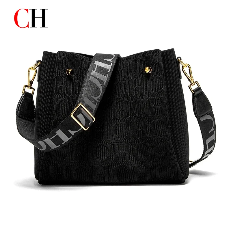 CH Damen Bucket Bag mit Schriftzug, hochwertige Umhängetasche, große Kapazität, lässige Tragetasche mit verstellbarem Riemen für den täglichen Gebrauch