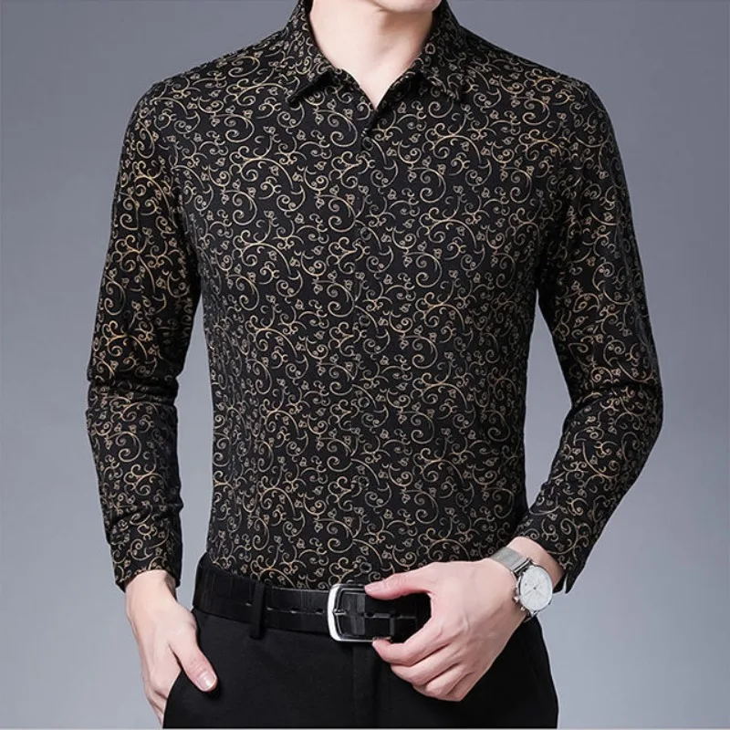 Autumn Winter Men's Turn-down Collar Solid Plant&Flowers Cartoon Printed Pockets Long Sleeve Button Shirt Fashion Casual Tops