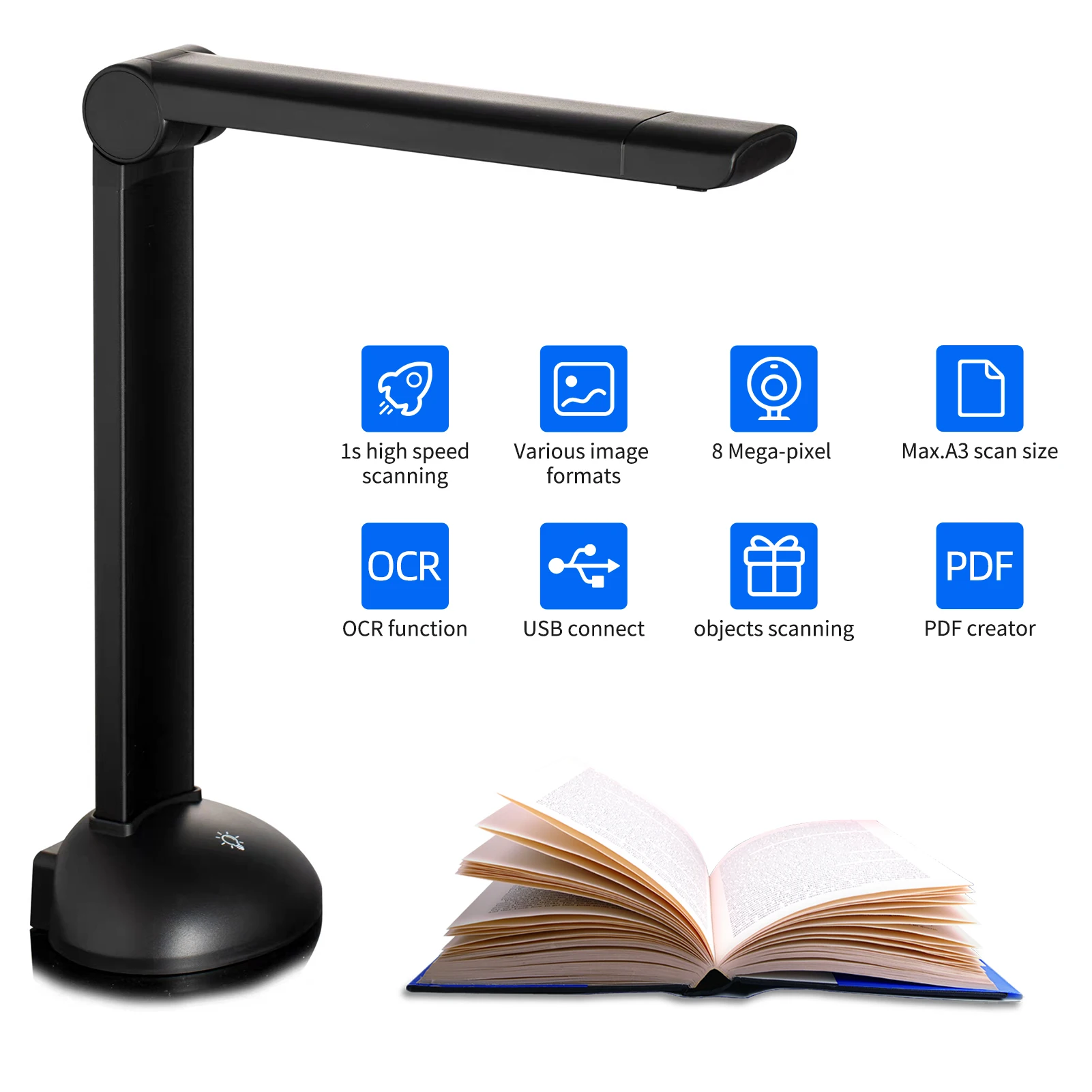 Document Book Camera Scanner 8 Mega-pixel HD High-Definition A3 Scanning Size with USB Port LED Light OCR Function for Office
