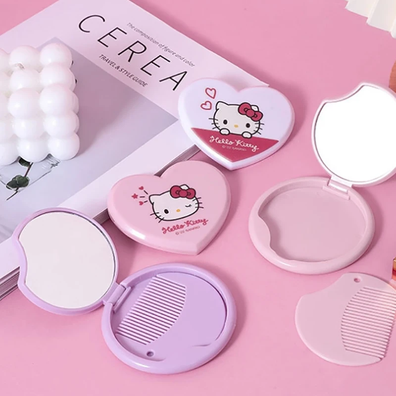 

Двойное складное зеркало Sanrio, Hello Kitty My Melody, милая портативная зеркальная расческа, встроенное мини зеркало для макияжа, подарки для девушек