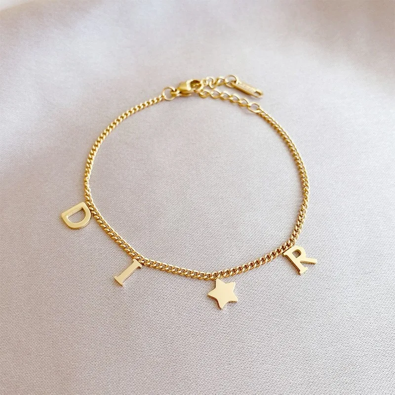 1Pc New Fashion Letter Star Pendant Bracelet for Woman, Simple Vintage Stainless Steel Bracelet Luxury Jewelry Accessories Gifts 1