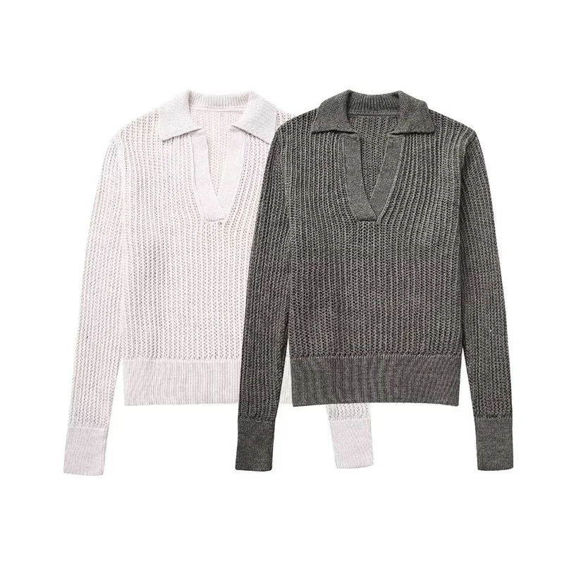 

Woman Casual Gray Loose V Neck Knit Pullover 2023 Autumn Female Solid Basic Sweaters Ladies Soft Hollow Out Sweaters