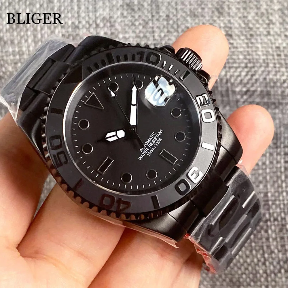 BLIGER 10ATM Waterproof NH35 PT5000 Automatic Watch For Men Black PVD Case Ceramic Insert Stainless Steel Strap Glide Lock
