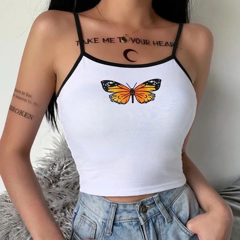 

2024 Summer Sexy Butterfly Print Crop Tops Y2k White Woman Sweet Backless Tank Tops Clubwear Party Harajuku Sweet Girl Camisole