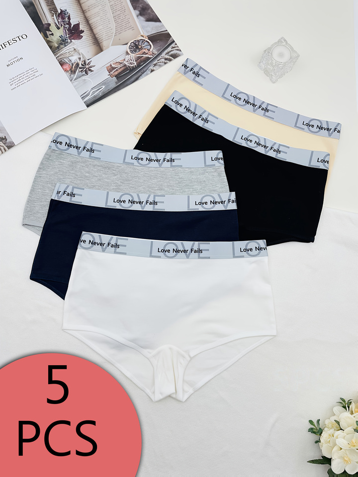 5 pieces - lettered waist print slim-fit shorts, simple, comfortable, seamless underwear, and boxer shorts