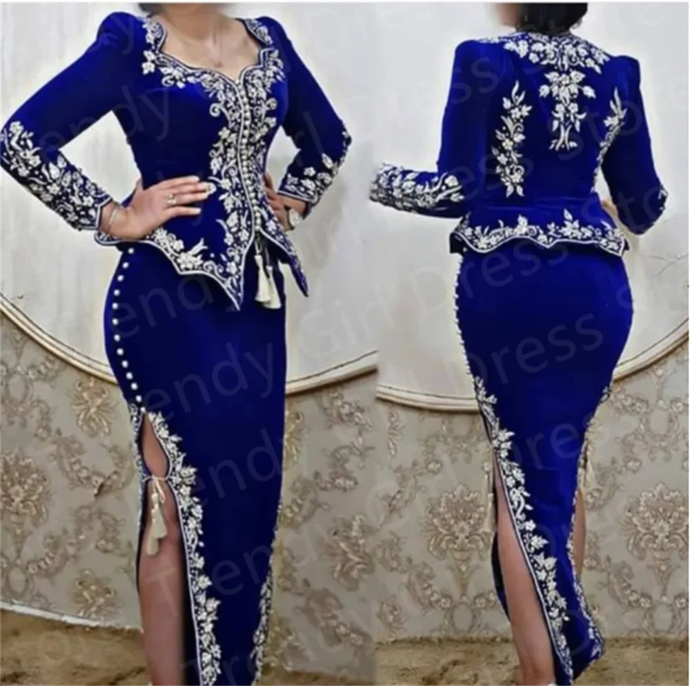 

Elegant Moroccan Kaftan Formal Evening Dress Royal Blue Velvet Sheath Long Sleeves Prom Party Gowns Formal Occasion Dresses 2024