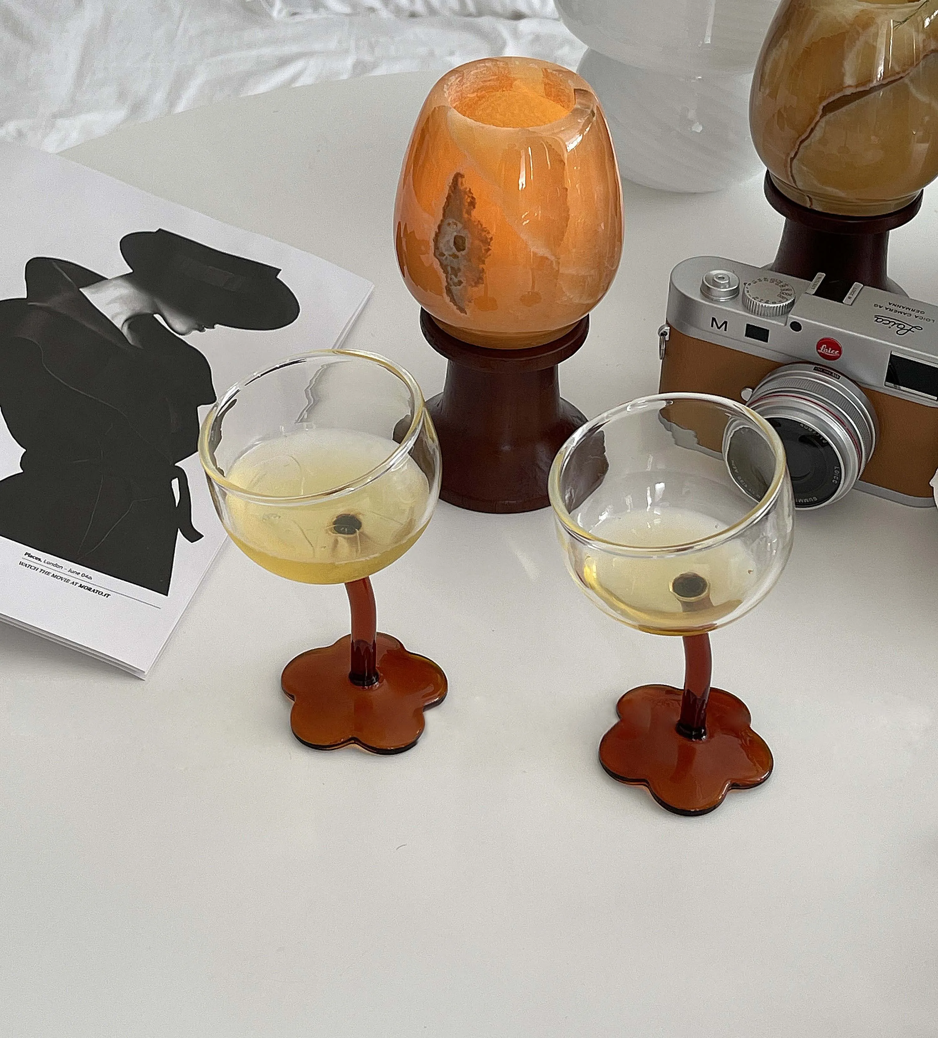 Homemade Vintage Wine Cup Lovely Flower Water Cup Crooked Handle Glass High Foot Glass Creative Champagne Wine Glasses Cute