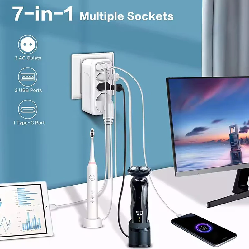 EU 7-in-1 타입 E/F 플러그 4000W 3AC 3USB 1타입-C 멀티탭 어댑터, 유럽용 어린이 안전 기능 및 고속 충전 기능 탑재