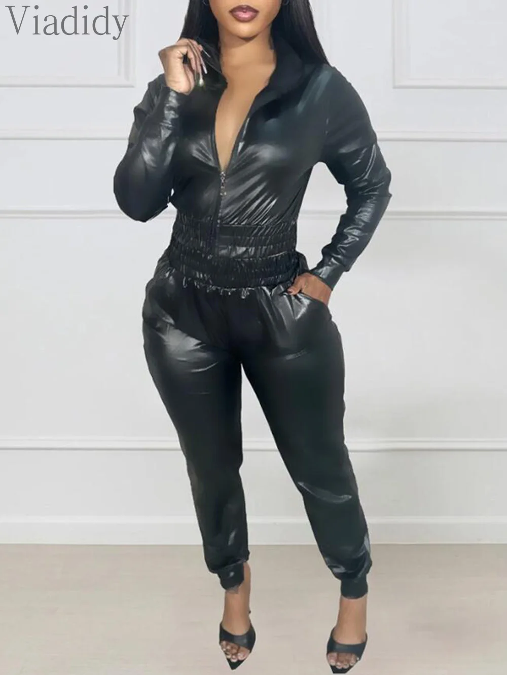 

Women Casual Faux Leather 2pcs Solid Color Zipper Design Long Sleeve PU Hooded Top and High Waist Pockets Pants