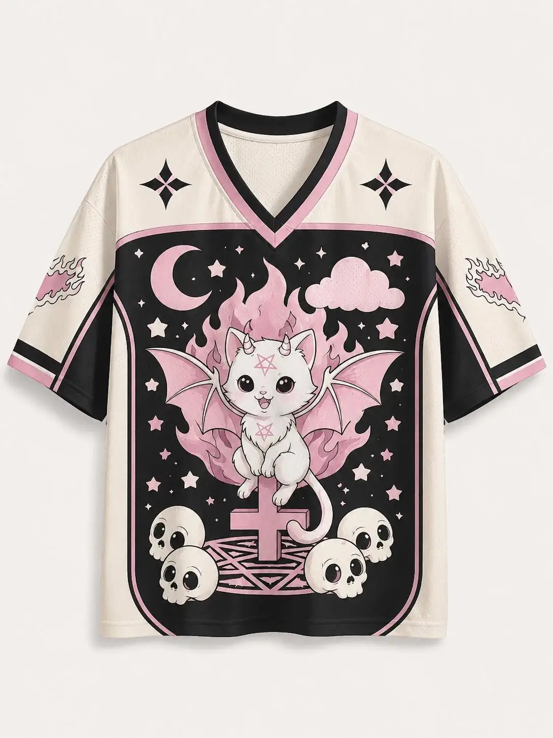 2026 Sommer Mode Neu Gothic Höllenschläger Fledermaus Katze 3D-Druck Outdoor Fitness Sport Hip Hop Street Style V-Ausschnitt T-Shirt Groß
