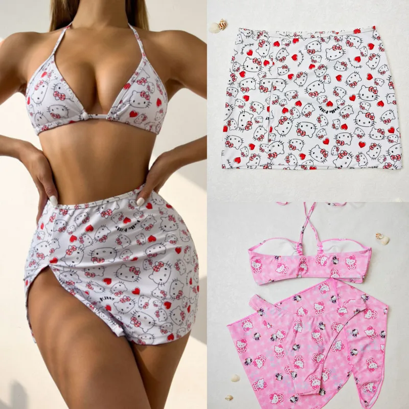 Hello Kitty Bikini Swimsuit Women's 2024 Summer Europe America Gather Sexy Hot Springs Beach Split Vacation Strap Swimsuit Sets