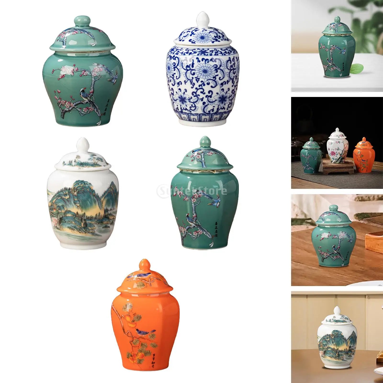 Ceramic Ginger Jar Chinese Vintage Style Gift Decorative Chinoiserie Vase for Countertop Office Party Home Decor Tea Storage ceramic storage jar