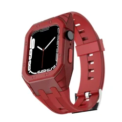 Carbon Fiber Apple Watch Band with Silicone Case - Premium Strap and Protective Cover for 45MM (Red)