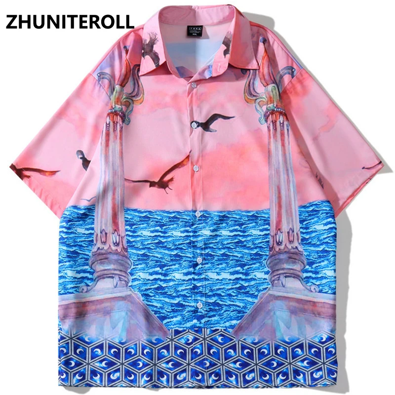 

Harajuku Hawaiian Shirt Streetwear Hip Hop Seagull Print Short Sleeve Button Beach Shirts 2023 Fashioin Casual Loose Summer Top