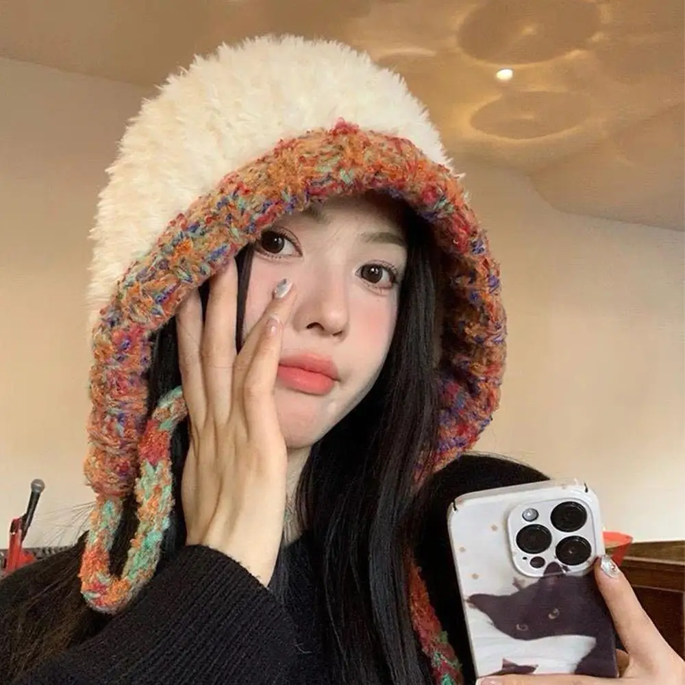Hot Knitted Hooded Caps Beanies Cap Cold Proof Warm Knit Cap Drawstring Bag-Hat Girls Knitted Pullover Beanie Hats Balaclava Hat 5