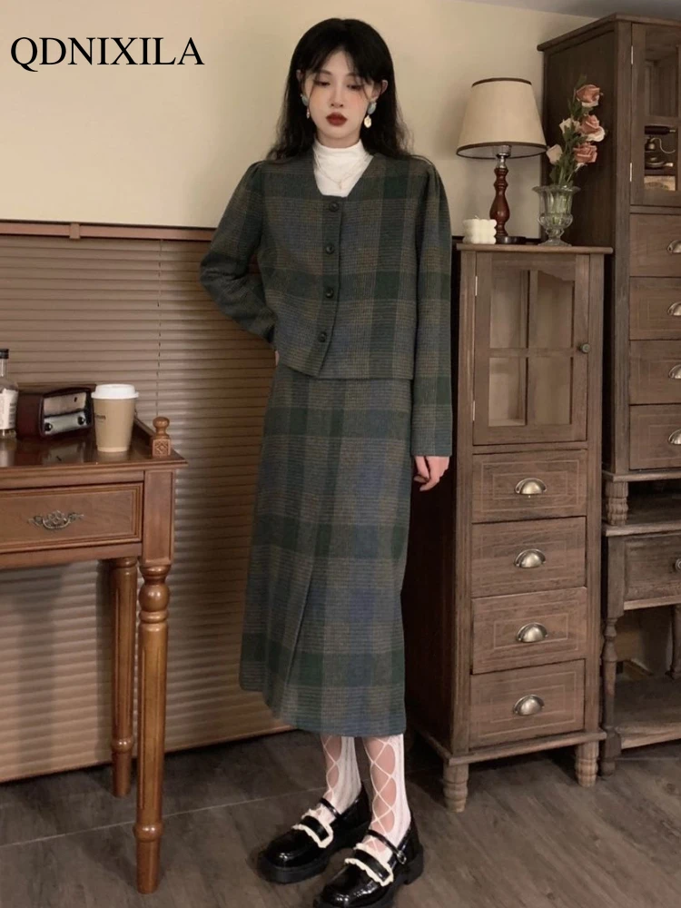 

Autumn New in Vintage Green Plaid Matching Sets Korean Elegant Women's Tweed Long Sleeve Jacket Hight Waist Skirts Two-piece Set