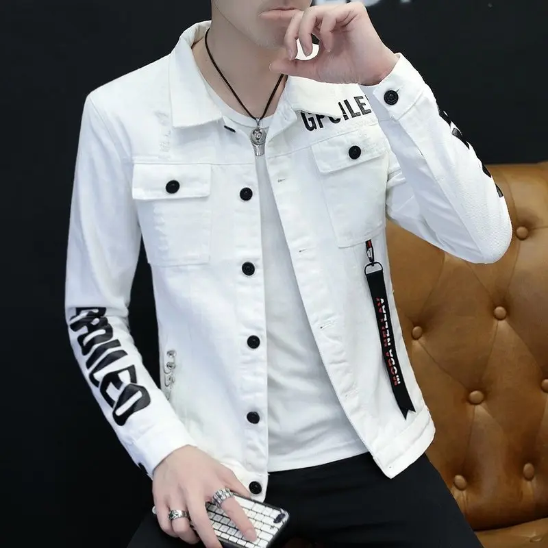 Men's Jacket Lapel Solid Rivet Jean Jacket Casual Fashion Tight Jacket Short Homme Varsity Jacket Mens High-quality Men Clothing