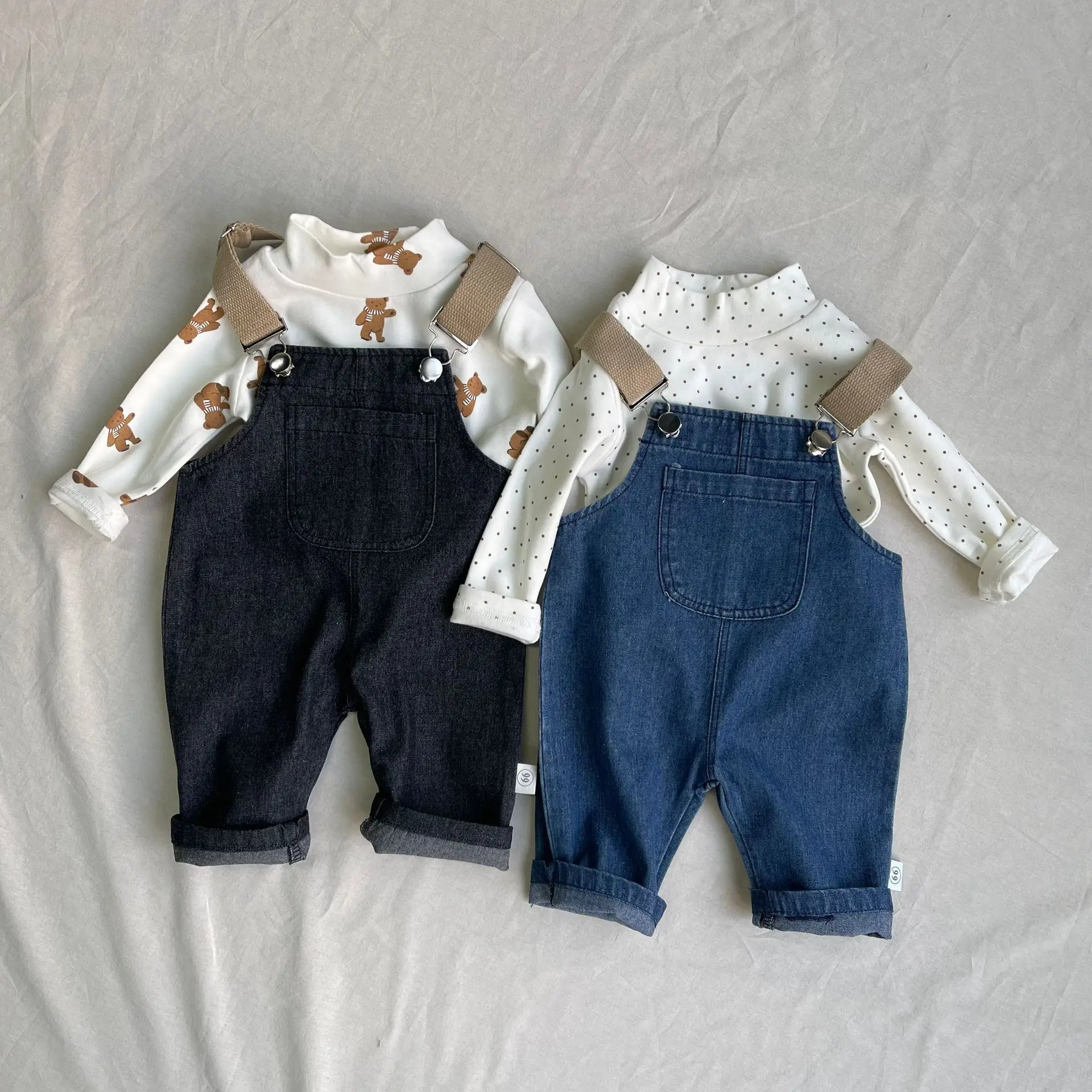 2025 Spring New Baby Fashion Denim Overalls Infant Boy Loose Strap Trousers Girls Solid Versatile Casual Pants Toddler Jeans