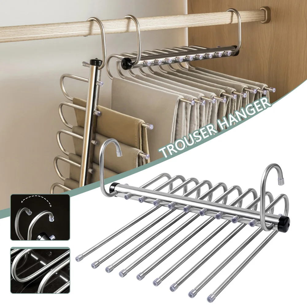Clothes Hanger Pants Rack Clothes Rack Storage Hanger Clothing Storage Stainless Steels Pants Hanger Space Saving 5/9 Tier Closet Organizers for Jean,Trouser,Scarf,Multi Clothes Rack in One Storage