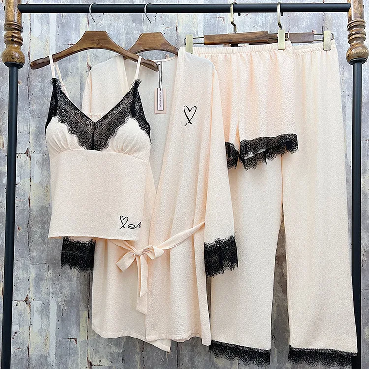 

Women Four Piece Pajamas Set Sexy Lace Nightwear Nightgown Embroidery Love Bathrobe&cami&shorts&pants Suit Loose Sleepwear