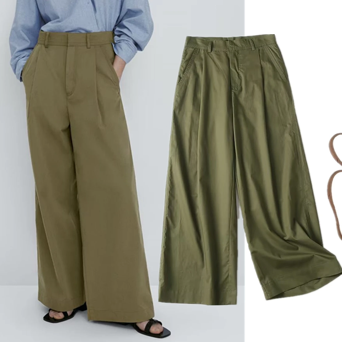 Jenny&Dave Fashion Pure Cotton Army Green Wide Leg Pants Women High Waist Bottom Ladies Casual Trousers