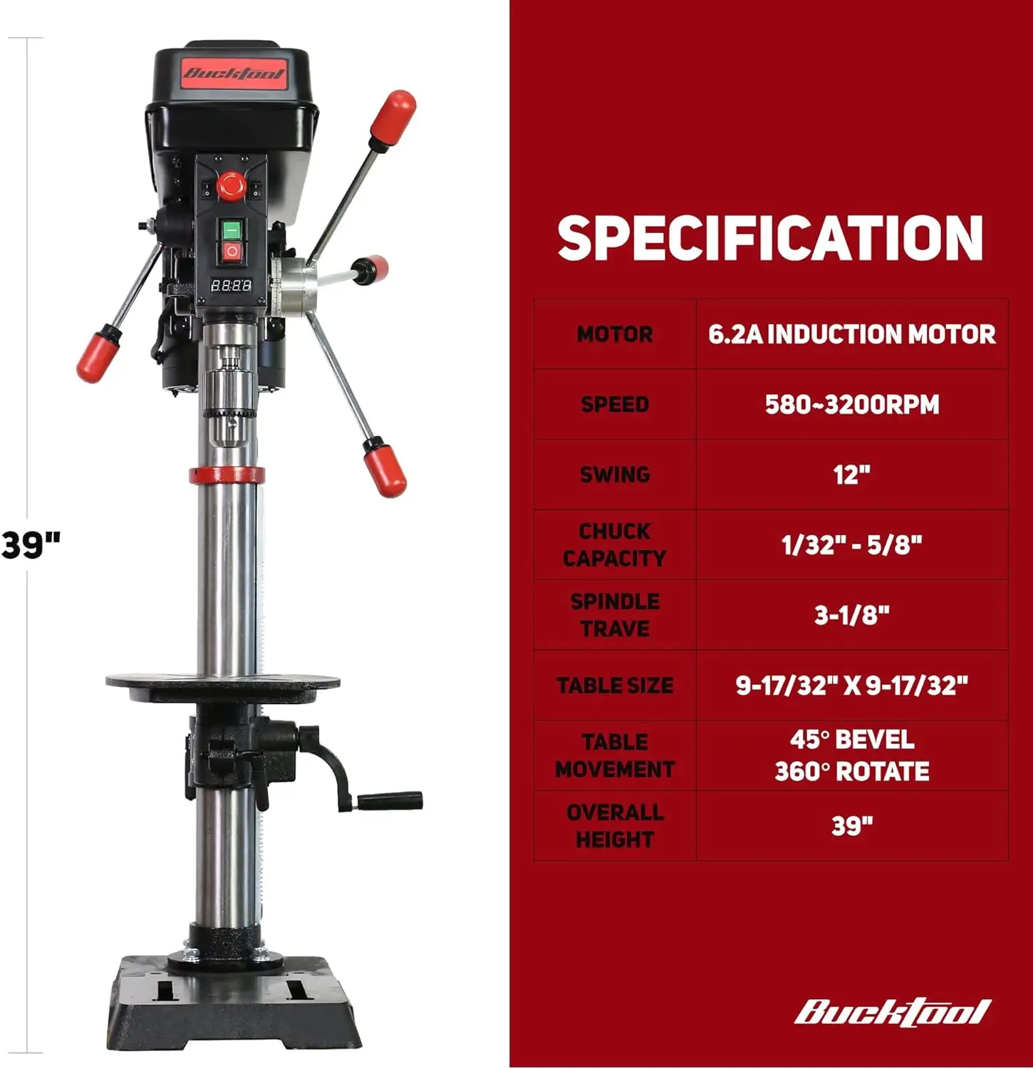 12 INCH 6.2A Professional Bench Drill Press 3/4HP Powerful Benchtop Drill Press Variable Speed with IIIA Laser