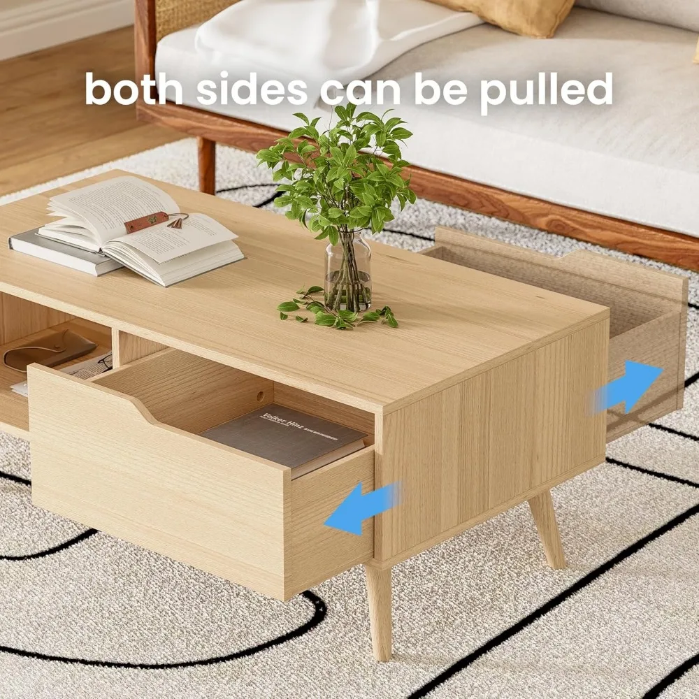 Oak Coffee Table, Mid Century Modern Coffee Table with Drawer & Shelf, 39'' Wooden Simple Console Table for Living Room 5