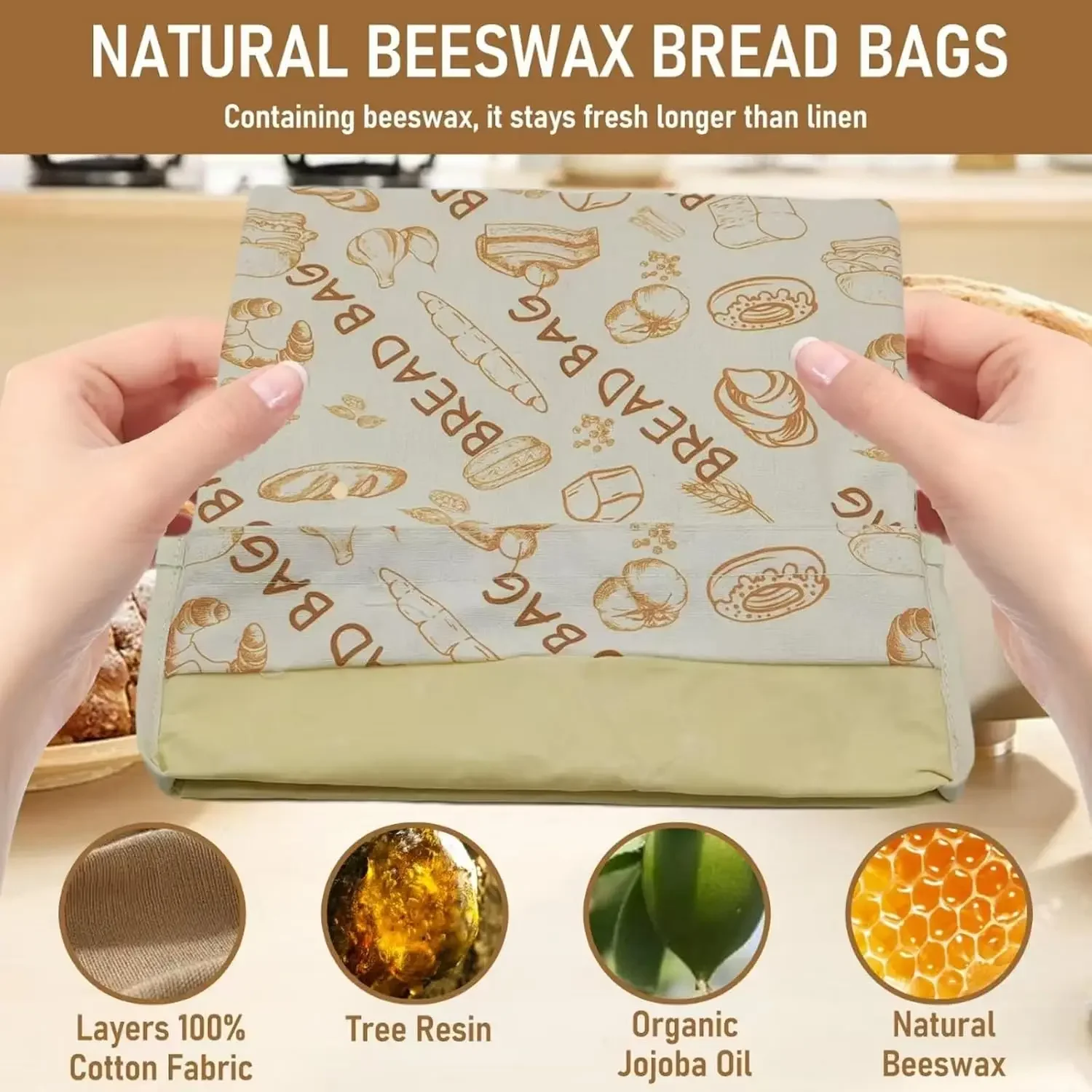 Beeswax Bread Bags for Sourdough 2 Pack Bread Bags for Homemade Bread Reusable Bread Bags with Beeswax Fabric Lining 12x17in 2