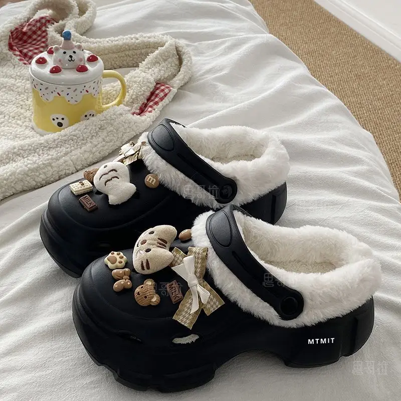 חורף נשים קלאסי פרווה מרופדת פלטפורמה לסנדלים עם קסמיה שקופית גינה נעלי גן גברת טריז גופיות