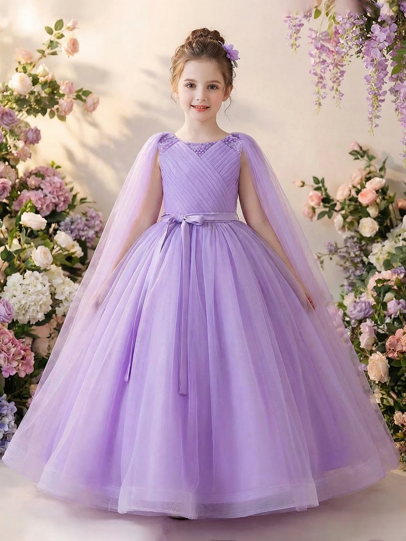 Elegant Purple Tween Girl's Formal Gown with Flowing Veil and Bow Decoration