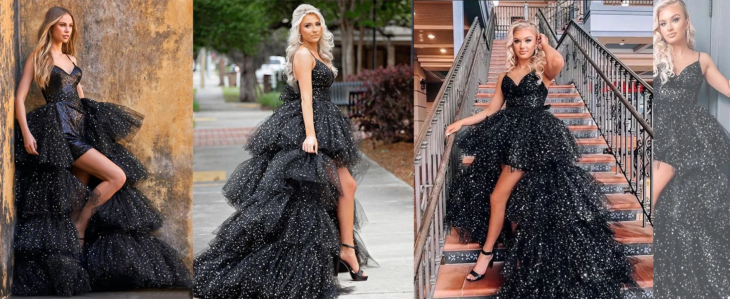 High Low Pailletten Tüll Ballkleider Mehrlagiges Romantisches Ballkleid