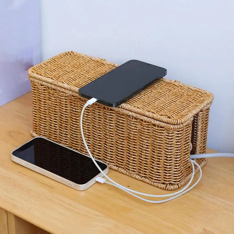 Cord Organizer Box Cable Organizer Box With Lid Cord Management Charging Basket Hand-woven Wire Hider For TV Computer