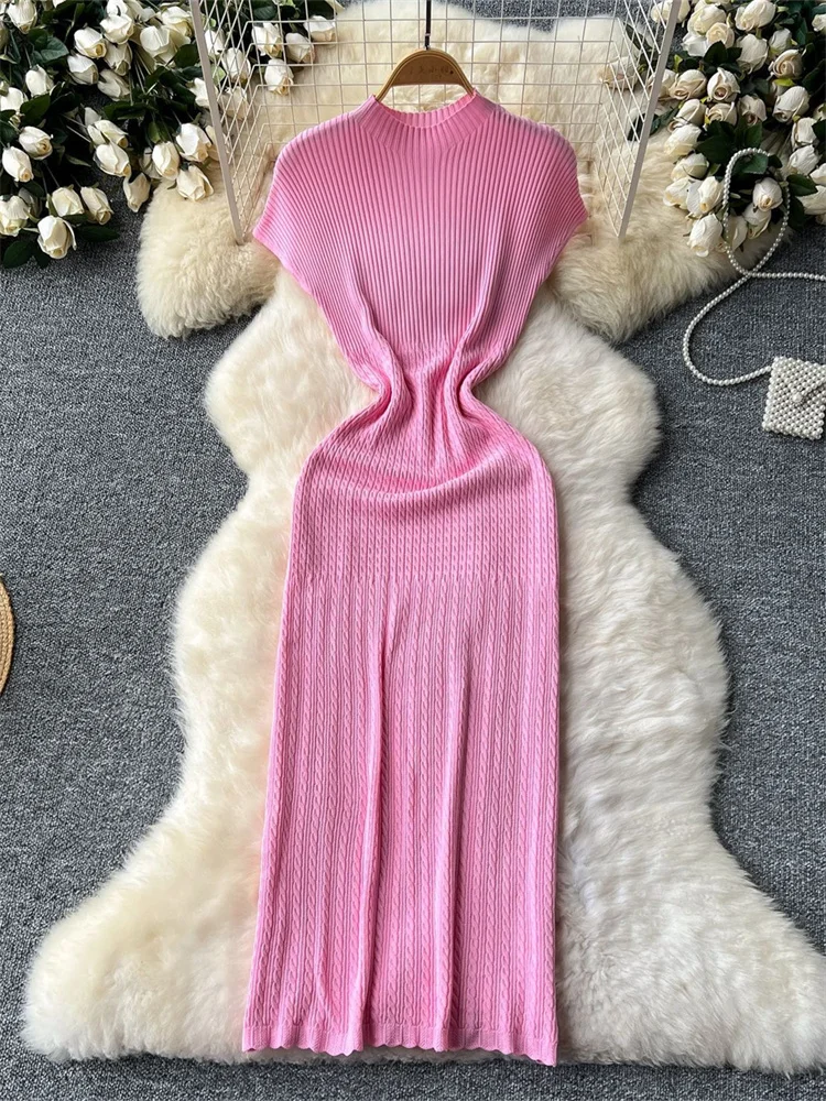Wmstar dress women wholesale round neck short sleeved  waist cinching high elastic knitted long dress dropshopping new in summer