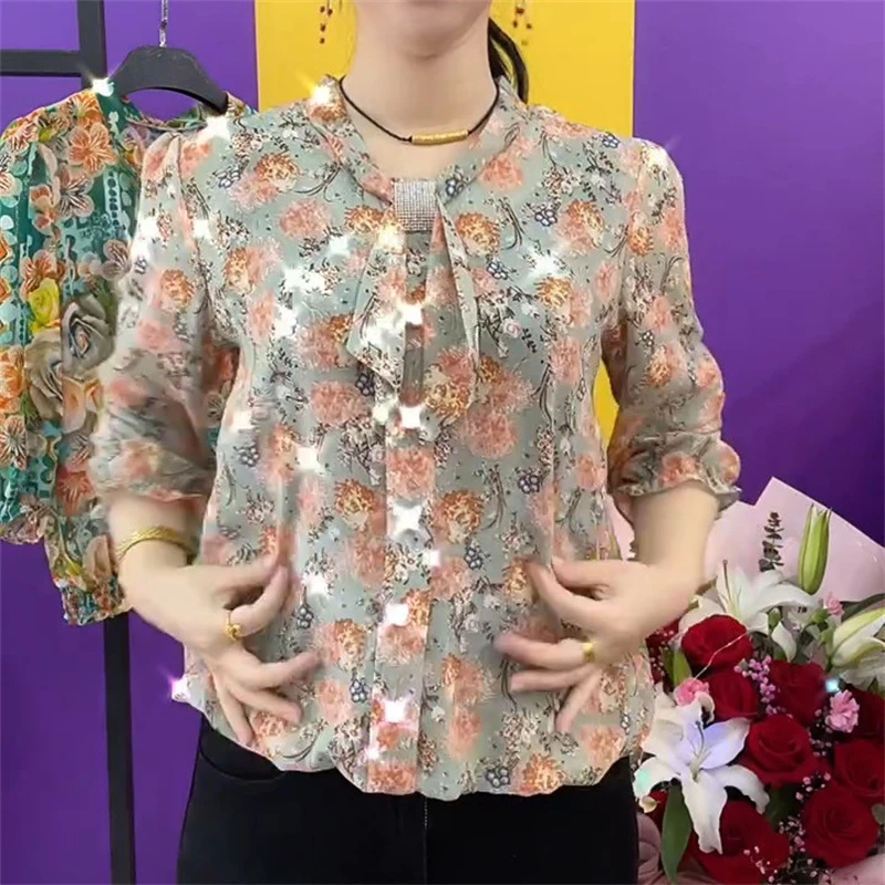 Women Fashion Ruffles Bow Rhinestone Floral Print Blouses 2024 Summer Casual Three Quarter Sleeve Shirt Loose Tops Ropa De Mujer