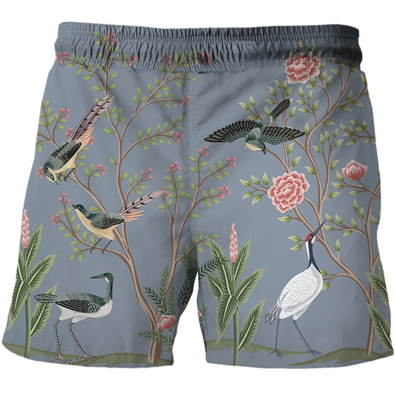 2022 Summer Men Women Unisex Casual 3D Print Flower, bird and plant illustration Fashion Male Pants Shorts Oversized Beach Short smart casual shorts mens