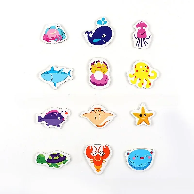 Magnetic Fridge Magnets 12pcs Animal Fridge Magnet Fish and Crab Wooden 3D Cartoon Sticker Toy